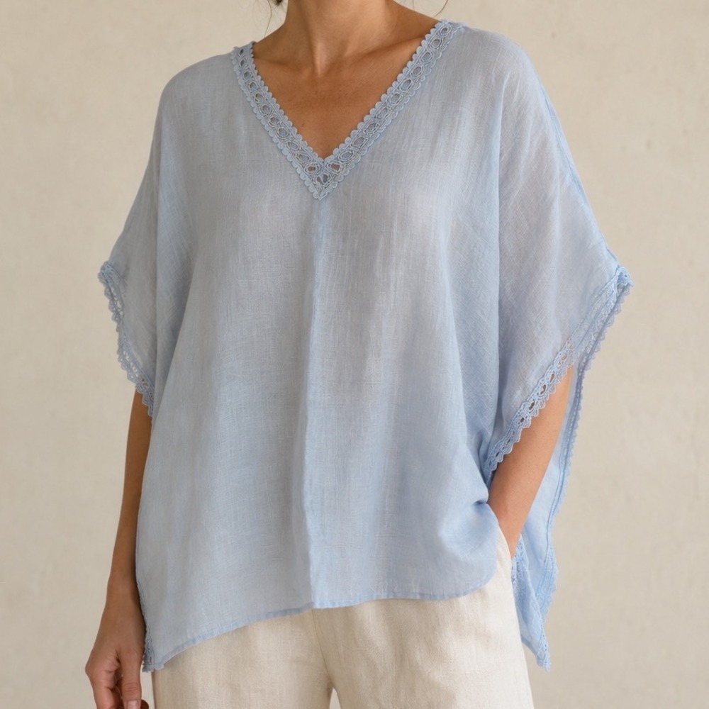 Bellambra Italy Blue 100% Linen Crochet Lace V-Neck Oversized Poncho Top ww